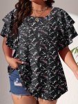 Plus Size Casual Blouse Women's Plus Polka Dot Print Layered Sleeve Round Neck Oversized Blouse