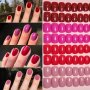 96 Pcs Short Square Press On Nails Set - Glossy Mixed Color Red Line Pure Solid Nail Kit In Four Grid Box