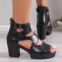 Women's Chunky Heeled Sandals Black Peep Toe Ankle Strap Back Zipper Heels All-match Going Out Sandals