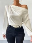 One-shoulder Solid Color Tucked Blouse Elegant Long Sleeve Top For Spring & Fall Women's Clothing