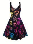Halloween Skull Print V Neck Spaghetti Strap Dress Elegant Sleeveless Dress For Halloween Women's Clothing