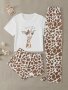 Giraffe Print Pajama Set Short Sleeve Crew Neck Top & Leopard Shorts & Pants Women's Sleepwear & Loungewear