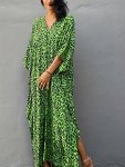 Plus Size Leopard Print V Neck Split Side Batwing Sleeve Loose Fit Vacay Style Cover Up Kaftan Dress Women's Swimwear & Clothing