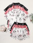 3 Sets Heart Print Satin Pajama Set Casual Short Sleeve Buttons Lapel Top & Elastic Shorts Women's Sleepwear