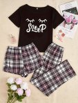 Casual Eyelash & Plaid & Letter Print Pajama Set Short Sleeve Crew Neck Top & Shorts & Pants Women's Sleepwear & Loungewear