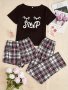 Casual Eyelash & Plaid & Letter Print Pajama Set Short Sleeve Crew Neck Top & Shorts & Pants Women's Sleepwear & Loungewear