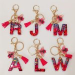 Sparkly Resin Initial Keychain With Sequin Glitter Bee Charm And Tassel - Creative Geometric Design For Friendship And Love Rect