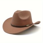 Boho Western Cowboy Hat - Men's Felt Hat With Braided Band And Brass Pin - Polyester Fiber