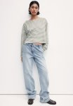 Oversized Boat-neck Top - Light Khaki Green striped