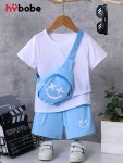3PCS Boys Casual Short Sleeve T-Shirt & Cute Smiling Print Shorts & Bag Set Comfy Summer Boys Clothes