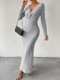 Knot Print V-neck Maxi Dress Elegant Long Sleeve Rib Knit Bodycon Dress For Spring & Fall Women's Clothing