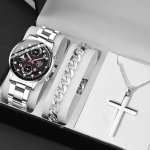 3PCS SET 1PC Men's Fashion Business Stainless Steel Quartz Watch & 1PC Men's Bracelet & 1PC Men's Necklace