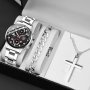 3PCS/SET 1PC Men's Fashion Business Stainless Steel Quartz Watch & 1PC Men's Bracelet & 1PC Men's Necklace