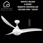 White 3 Blade 6 Speed Remote Controlled Ceiling Fan - 132CM