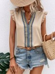 Contrast Lace Notch Neck Blouse Vacation Ruffle Trim Sleeveless Blouse For Spring & Summer Women's Clothing Wedding Holiday Vaca