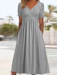 Plus Size Solid Color Dress Casual Short Sleeve V Neck Dress For Spring & Summer Women's Plus Size Clothing