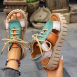 Women's Cutout Design Platform Sandals Casual Lace Up Summer Sandals Comfortable Beach Shoes
