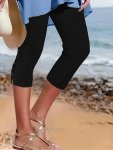 Plus Size Button Decor Slit Capri Leggings Casual High Waist Stretchy Leggings For Spring & Summer Women's Plus Size Clothing