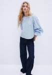 Tie-detail Cotton Blouse - Light Blue Striped