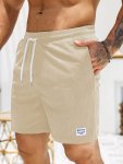 Men's Casual And Chic Stripe Pattern Knit Shorts With Drawstring Pockets And Contrast Color Label Patchwork Piece Casual And Chi