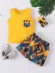2PCS Plant Graphic Print Round Neck Tank Top & Shorts Baby Boy's Cotton Casual Beach Suit Clothes For Summer