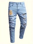 Stylish Bear Embroidered Design Men's Slim Fit Distressed Ripped Jeans Lightweight Comfy Denim Pants