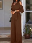 Solid Cold Shoulder V-neck Jumpsuit Elegant Half Sleeve Jumpsuit For Spring & Summer Women's Clothing