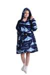 Kids Plush Oversized Blanket Hoodie With Sleeves Navy Blue Shark