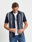 Button Through Stripe Polo In Dark Navy - Dark Navy 3XL
