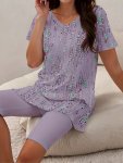 Allover Print Summer Shorts Sett V-neck Short Sleeve T-Shirt & Skinny Shorts Outfits Women's Clothing