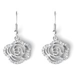 Silver Tone Drop Rose Earrings With Clear Crystals