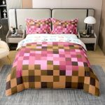 Castle Fairy Pixel Grid Bedding Set 100% Cotton Geometric Grid Adults Comforter Cover Twin Size Game Theme 2 Pcs Decorative Bed
