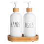 Refillable White Soap Bottle Dispenser Set With Bamboo Tray