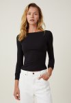 Cotton On Staple Rib Boat Neck Long Sleeve Top - Black