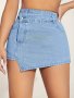 Women's Mid-rise Button-front Crossover Denim Shorts Casual Style Light Blue Jean MINI Skorts For Everyday Wear