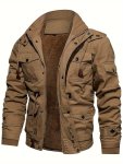 Men's Solid Color Thickened Hooded Cargo Jacket Casual Stylish Long Sleeve Coat Outdoor Clothes