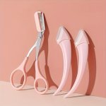 Pink Eyebrow Trimming Scissors 2PCS Premium Eyebrow Trimmer Scissors Set Curved Eyebrow Razor Eyebrow Scissors With Comb Easy Br