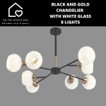 Black And Gold Chandelier With White Glass - 8 Lights