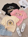 Be Happy & Heart crown golden Paint Graphic Print Tees Girls 3PCS SET Comfy & Trendy T-shirts For Spring & Summer Girls Clothes