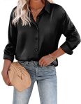Chigant Women's Satin Silk Long Sleeve Button Down Shirt Formal Work Blouse Top Black Medium