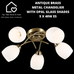 Antique Brass Metal Chandelier With Opal Glass Shades - 5 X 40W Es