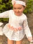 Lace Long Sleeve Romper With Floral Waistline And Headband