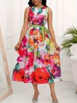 Floral Print Crew Neck Belted Dress Elegant Sleeveless Midi Dress For Spring & Summer Women's Clothing