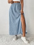 Floral Print Elastic Waist Skirt Elegant Ankle Length Split Skirt For Spring & Summer Women's Clothing