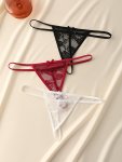 3-PACK Sexy Lace Thong Panties For Women - Polyamide Knit Fabric Low-rise Transparent V-string Design With Lace Detailing