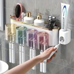 Toothpaste Dispenser With Toothbrush Holder Wall Mounted Toothbrush Organizer With Gargle Cups Space-saving Bathroom Rack For To