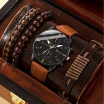 4 Pcs Round Quartz Watches Pu Leather Strap Alloy Pointer Alloy Dial And Bracelet Jewelry For Women Men