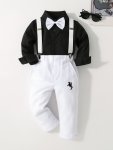 2PCS Boys Long Sleeve Gentleman Outfit Party Style Bowtie Shirt & Suspender Pants Boys Clothes For Speech Birthday Party