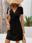Twist Front V-neck Dress Elegant Short Sleeve A-line Dress For Spring & Summer Women's Clothing