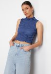 Indigo Premium High Neck Crop Knit Blouse - Indigo